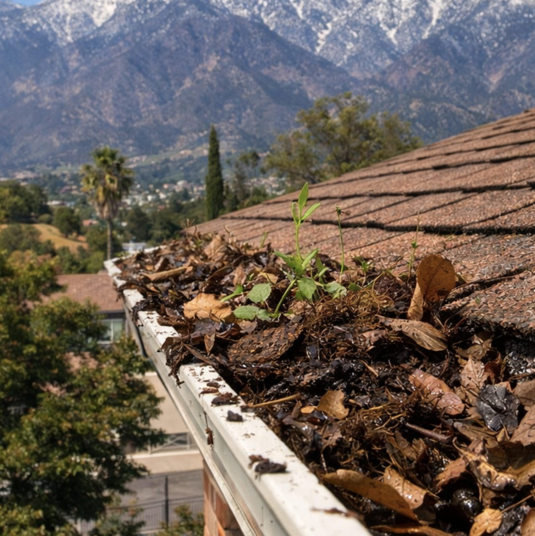 Before: clogged gutter filled with leaves and debris